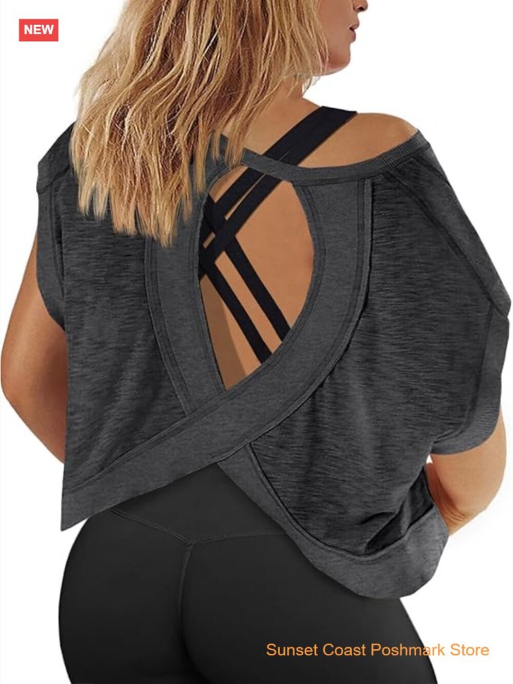 Plus Size Open Back Workout Crop Top Short Sleeve Athletic Shirt